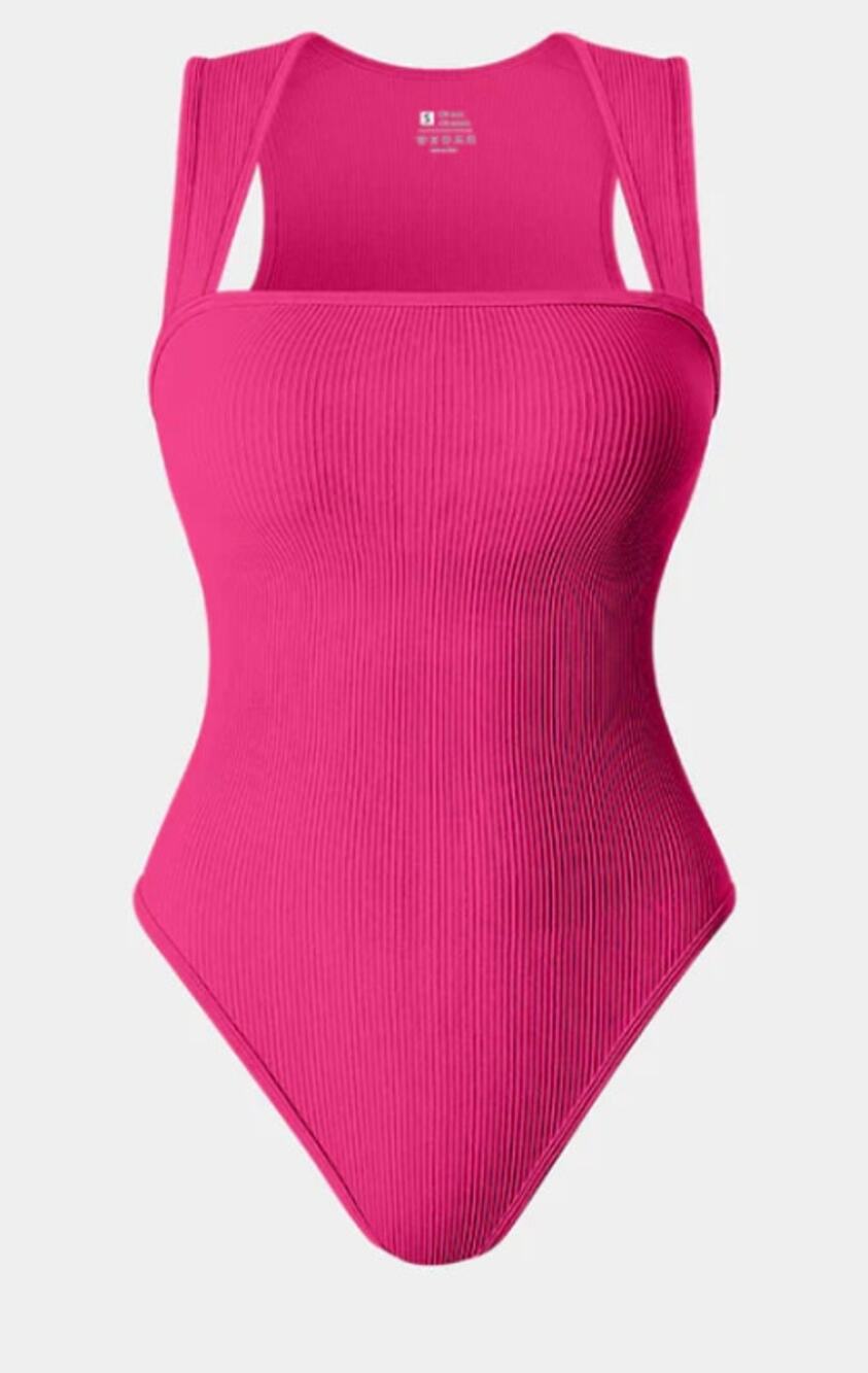 OQQ Strappy Square Neck Sleeveless Tummy Control Tank Tops Bodysuits- Rose3